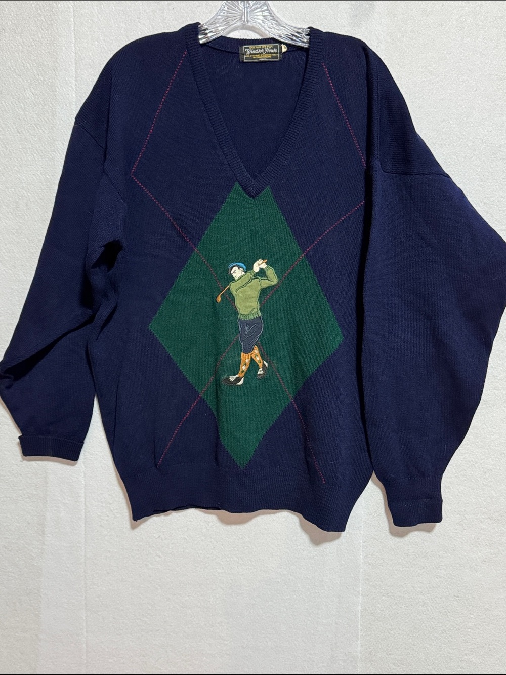 Windsor House Vintage 100% Wool Navy V-Neck Golf Embroidered Sweater